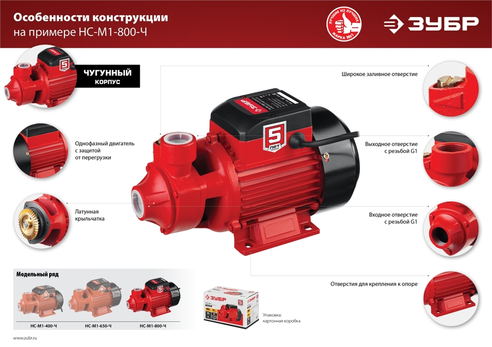 ЗУБР  650 Вт , поверхностный вихревой насос, корпус из чугуна (НС-М1-650-Ч) НС-М1-650-Ч