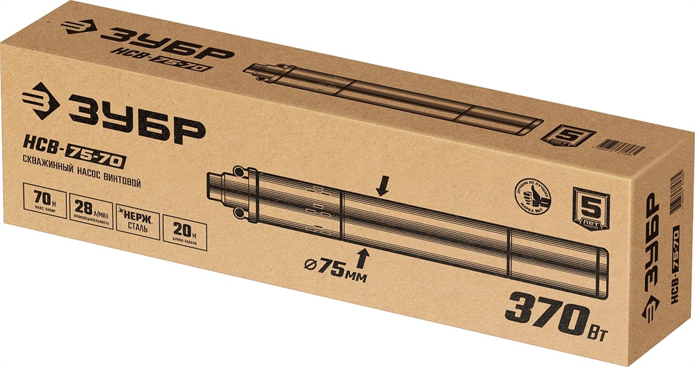 ЗУБР  370 Вт, 70 м напор, скважинный насос винтовой, корпус из нержавеющей стали (НСВ-75-70) НСВ-75-70