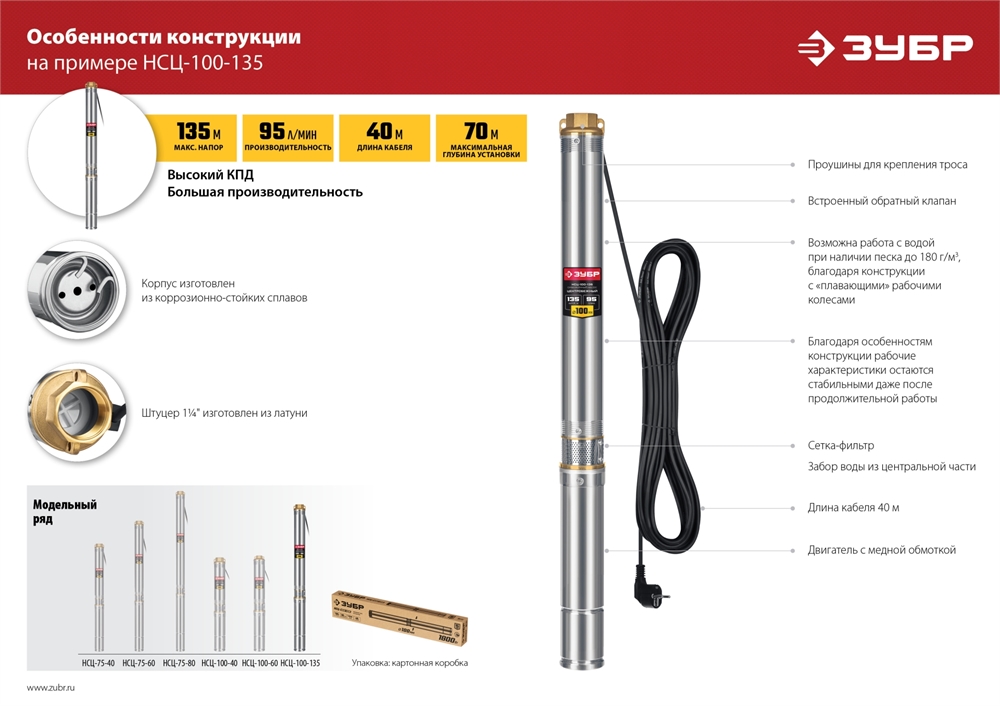 ЗУБР  900 Вт, 60 м напор, скважинный центробежный насос, корпус из нержавеющей стали  (НСЦ-100-60) НСЦ-100-60