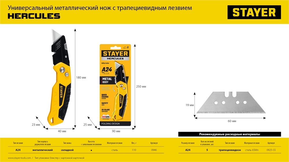 STAYER  A24, 5 шт, трапециевидные лезвия, Professional (0925-S5) 0925-S5