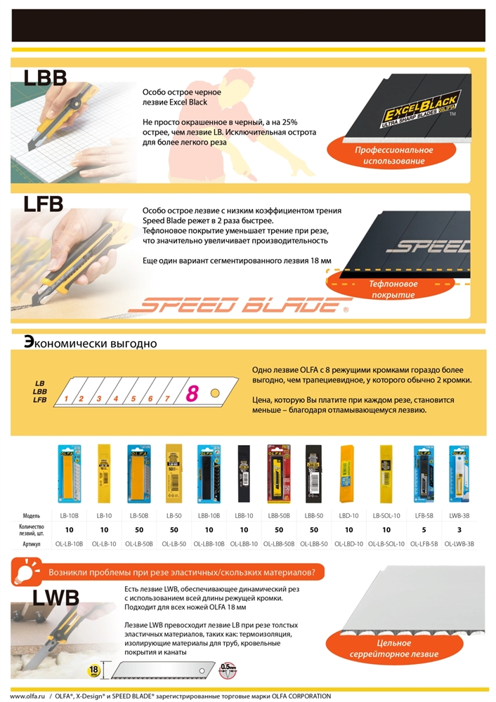 OLFA  EXCEL BLACK, 18 х 100 х 0.5 мм, 10 шт, сегментированные лезвия (OL-LBB-10B) OL-LBB-10B