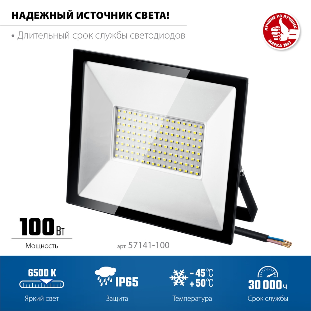ЗУБР  ПСК-100, 100 Вт, 6500 К, IP 65, светодиодный прожектор, Профессионал (57141-100) 57141-100