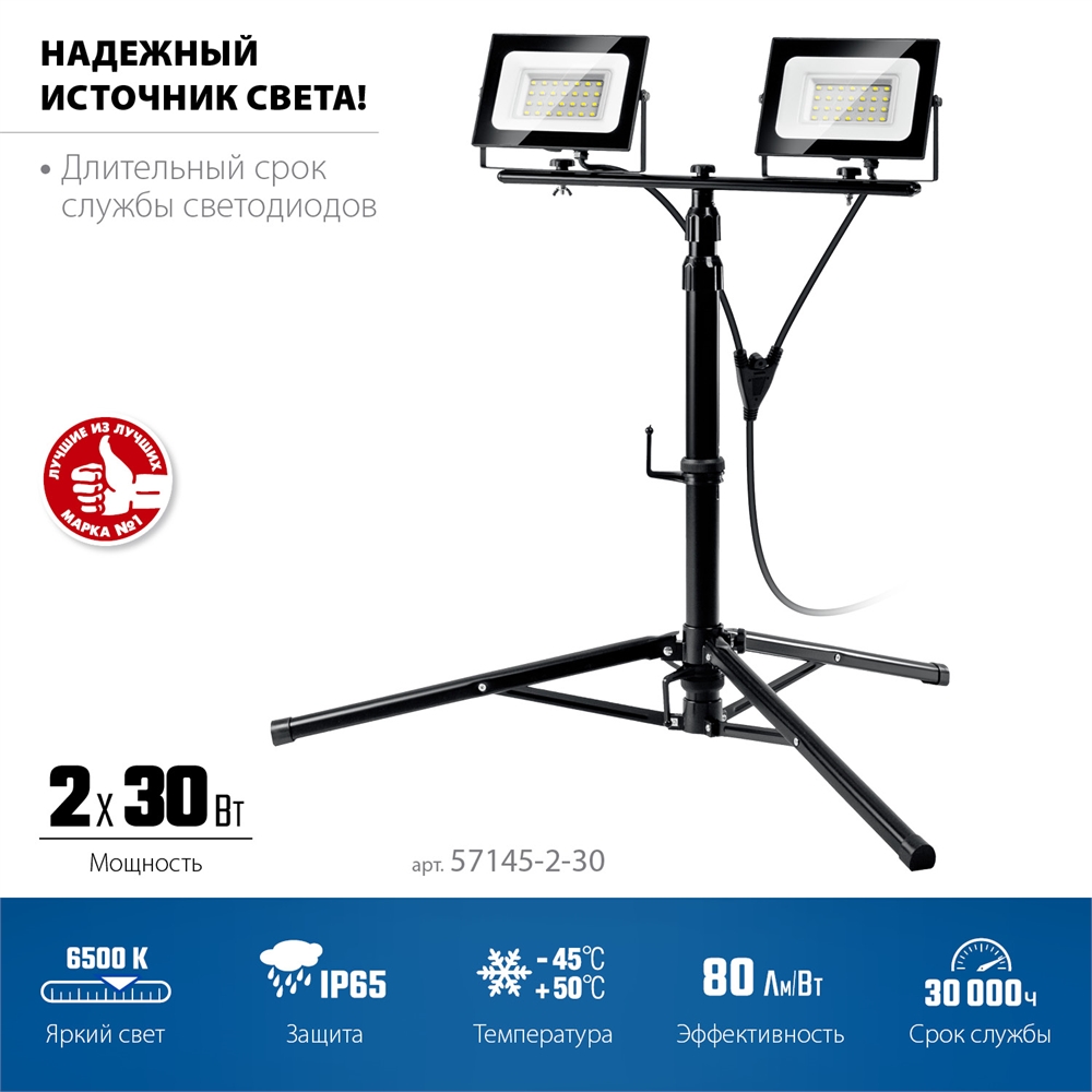 ЗУБР  ПСК 30х2, 2 х 30 Вт, 6500 К, IP 65, 1.6 м, светодиодные прожекторы  на штативе, Профессионал (57145-2-30) 57145-2-30
