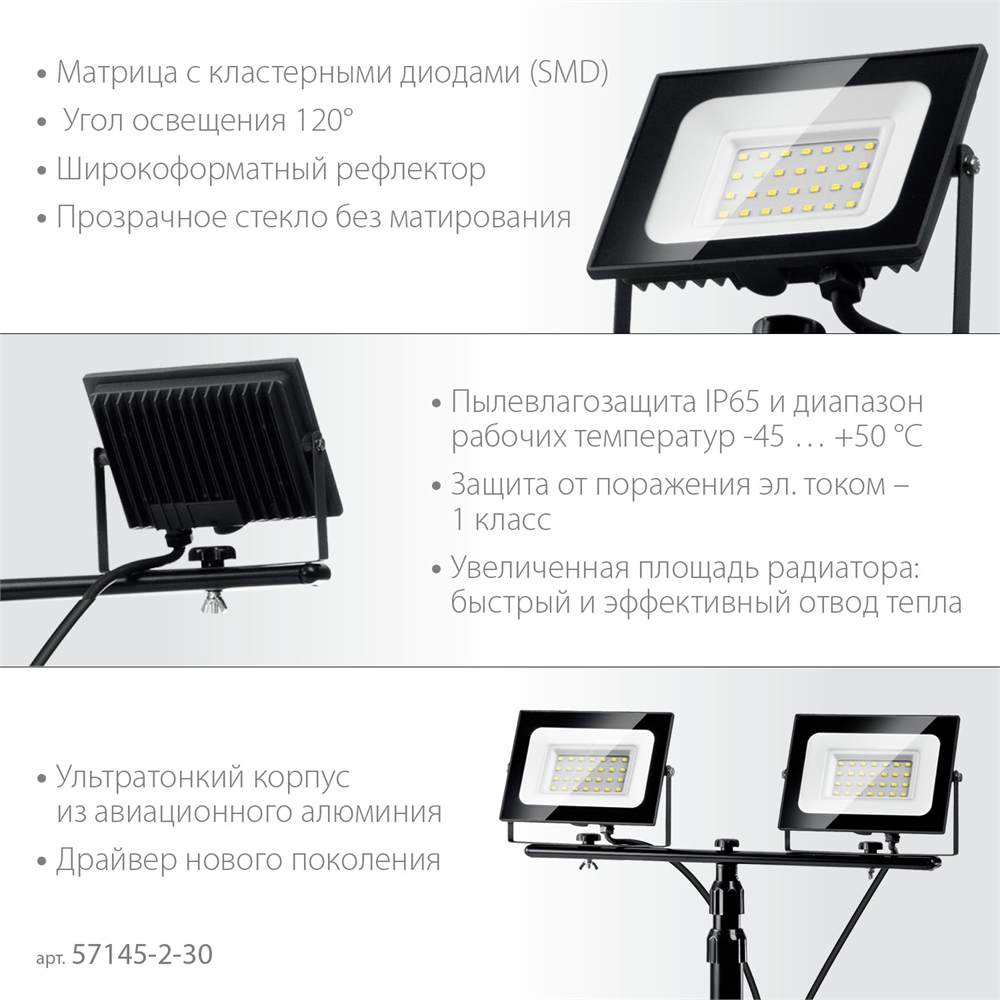 ЗУБР  ПСК 30х2, 2 х 30 Вт, 6500 К, IP 65, 1.6 м, светодиодные прожекторы  на штативе, Профессионал (57145-2-30) 57145-2-30