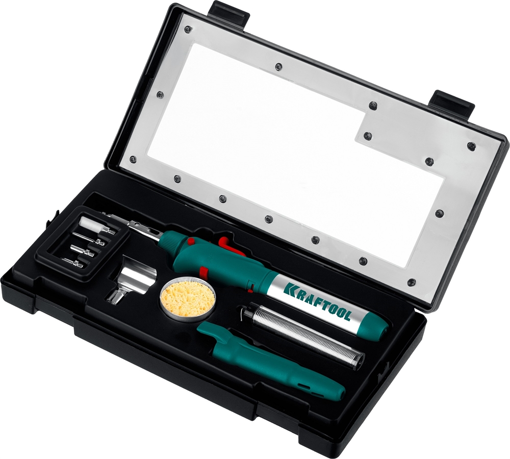 KRAFTOOL  SolderGas, 120 K, 30 - 120 Вт, 1300°С, горелка, фен, пьезоподжиг, набор 10 в 1, газовый паяльник (55503-H10) 55503-H10