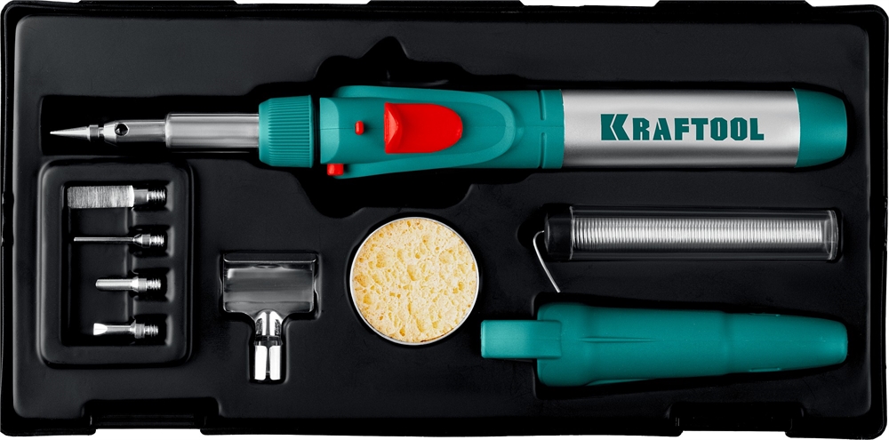 KRAFTOOL  SolderGas, 120 K, 30 - 120 Вт, 1300°С, горелка, фен, пьезоподжиг, набор 10 в 1, газовый паяльник (55503-H10) 55503-H10