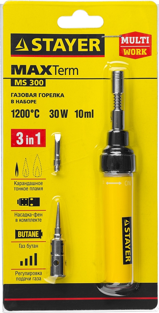 STAYER  MS 300, 40 Вт, 1200°С в наборе: 4 в 1, горелка, фен, 2 жала, газовый паяльник (55506-H4) 55506-H4