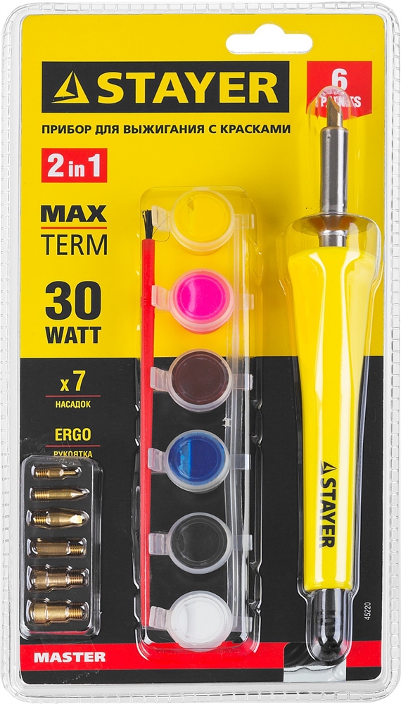 STAYER  MAXTerm, 30 Вт, 2 в1, в наборе: 7 насадок + краски, прибор для выжигания и пайки (45220) 45220