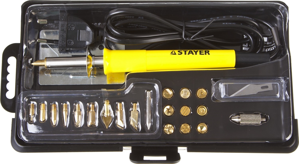 STAYER  PROTerm, 30 Вт, 3 в 1, в наборе: 20 насадок, в кейсе, прибор для выжигания, пайки и резки, Professional  (45227) 45227