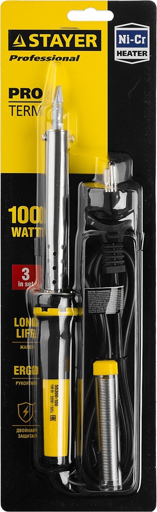 STAYER  PROTerm, 100 Вт, клин, в наборе: припой + подставка, 2 К рукоятка, электропаяльник, Professional (55300-100) 55300-100