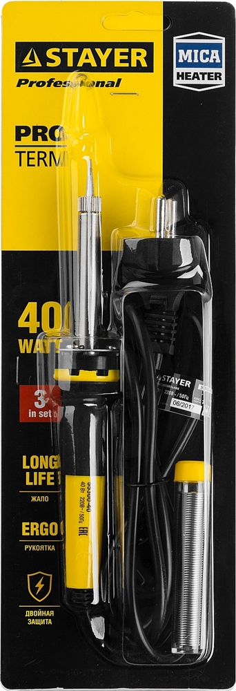 STAYER  PROTerm, 40 Вт, конус, в наборе: припой + подставка, 2 К рукоятка, электропаяльник, Professional (55300-40) 55300-40