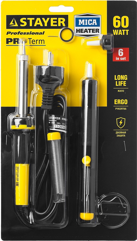 STAYER  PROTerm, 60Вт, 2к рукоятка, конус, подставка+припой+сменн жало+оловоотсос+сменн насадка, набор для паяльных работ, Professional (55313-60-H6) 55313-60-H6