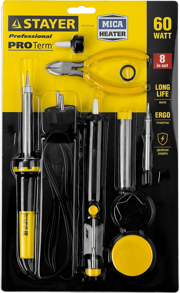 STAYER  PROTerm, 60Вт, 2к рукоят, конус, подставка+припой+сменн жало+оловоотсос+сменн насадка+канифоль+кусачки, паял набор, Professional (55314-60-H8) 55314-60-H8