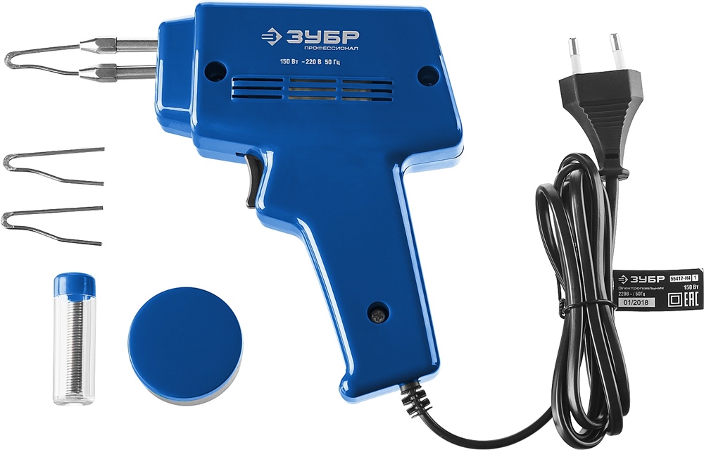 ЗУБР  150 Вт, в наборе: нагрев 6 сек., канифоль, припой, 2 сменных жала, импульсный паяльник, Профессионал (55412-H4) 55412-H4_z01