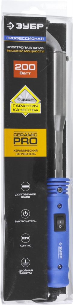 ЗУБР  Ceramic PRO, 200 Вт, клин, высокомощный электропаяльник с пластиковой рукояткой, Профессионал (55301-200) 55301-200