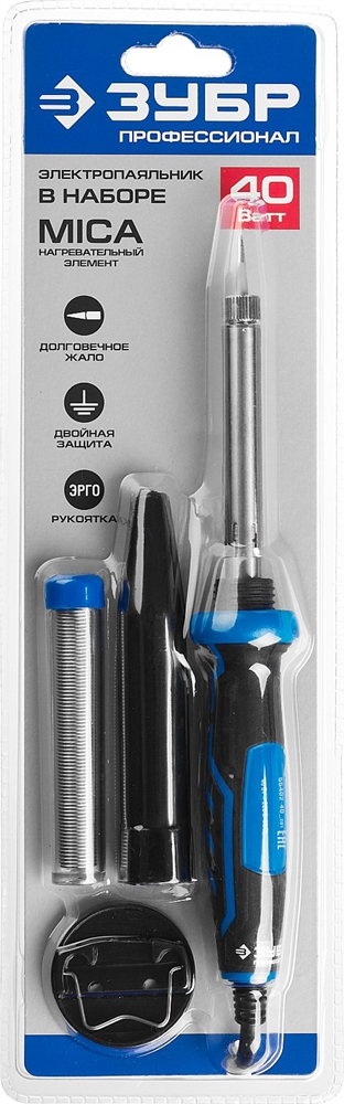 ЗУБР  40 Вт, в наборе: припой + подставка, 2к рукоятка, конус, керамический нагреватель, электропаяльник, Профессионал (55402-40) 55402-40_z01