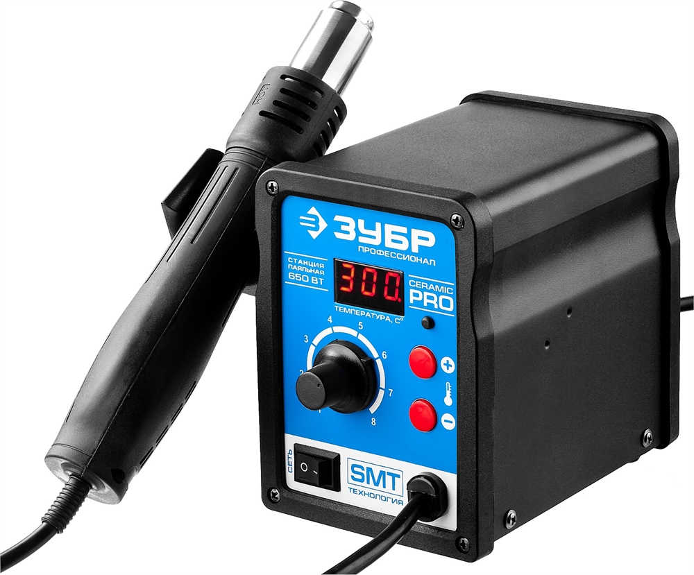 ЗУБР  ПСТ-650, 650 Вт, 100 - 500°C,120 л/мин, 3 насадки, керамический нагреватель, цифровая термовоздушная паяльная станция, Профессионал (55350) 55350