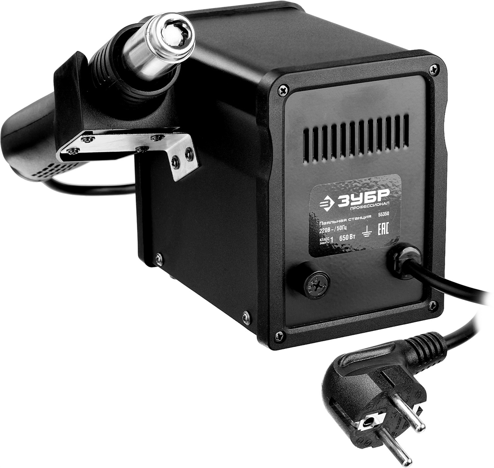 ЗУБР  ПСТ-650, 650 Вт, 100 - 500°C,120 л/мин, 3 насадки, керамический нагреватель, цифровая термовоздушная паяльная станция, Профессионал (55350) 55350