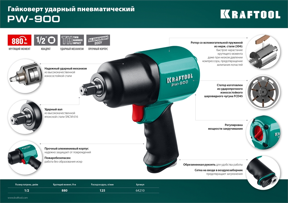 KRAFTOOL  PW-900, 1/2″, 880 Н·м, ударный пневматический гайковерт (64210) 64210