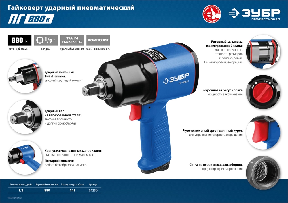 ЗУБР  ПГ-880К, 1/2″, 880 Н·м, ударный пневматический гайковерт, Профессионал (64250) 64250