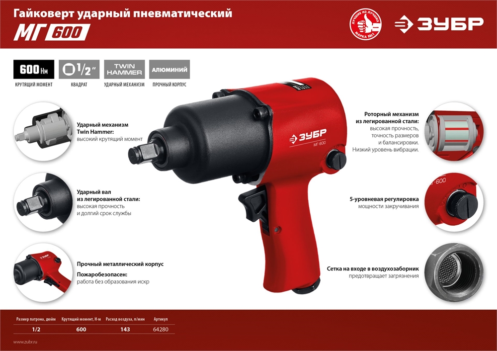 ЗУБР  МГ-600, 1/2″, 600 Н·м, ударный пневматический гайковерт (64280) 64280