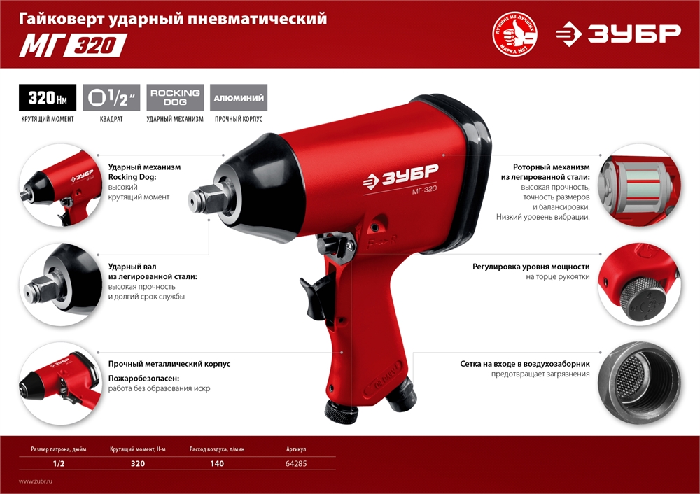 ЗУБР  МГ-320, 1/2″, 320 Н·м, ударный пневматический гайковерт (64285) 64285