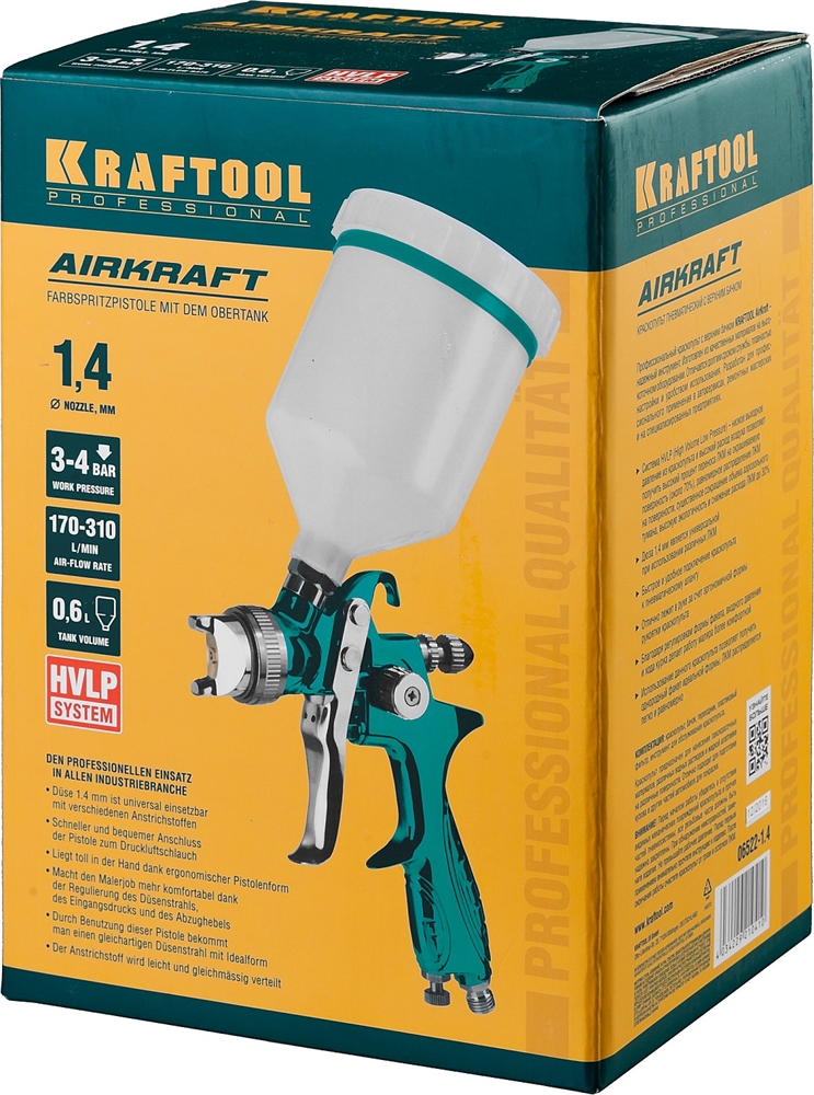 KRAFTOOL  AirKraft, HVLP, 1.4 мм, пневматический краскопульт с верхним бачком (06522-1.4) 06522-1.4