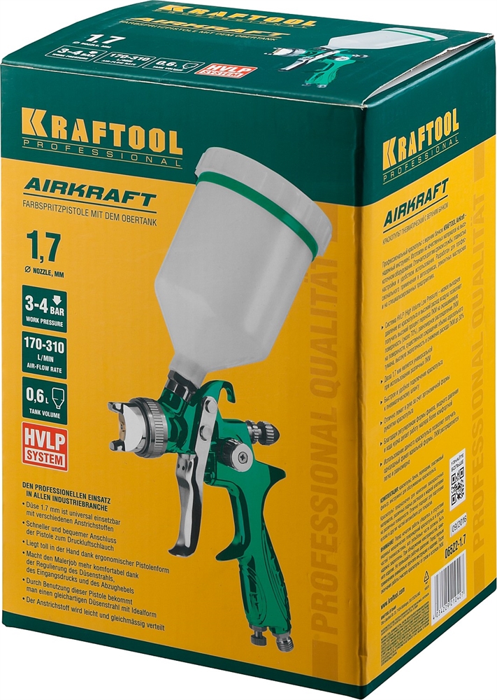 KRAFTOOL  AirKraft, HVLP, 1.7 мм, пневматический краскопульт с верхним бачком (06522-1.7) 06522-1.7