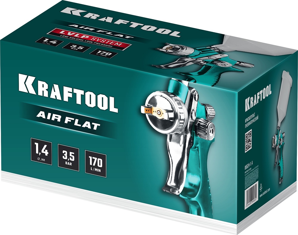 KRAFTOOL  AirFlat, LVLP, 1.4 мм, пневматический краскопульт с верхним бачком (06524-1.4) 06524-1.4