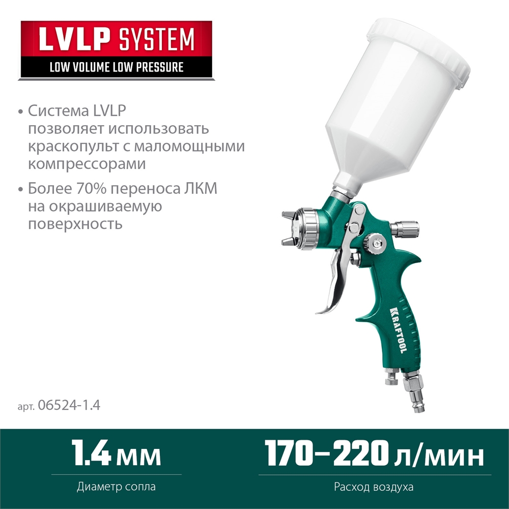 KRAFTOOL  AirFlat, LVLP, 1.4 мм, пневматический краскопульт с верхним бачком (06524-1.4) 06524-1.4