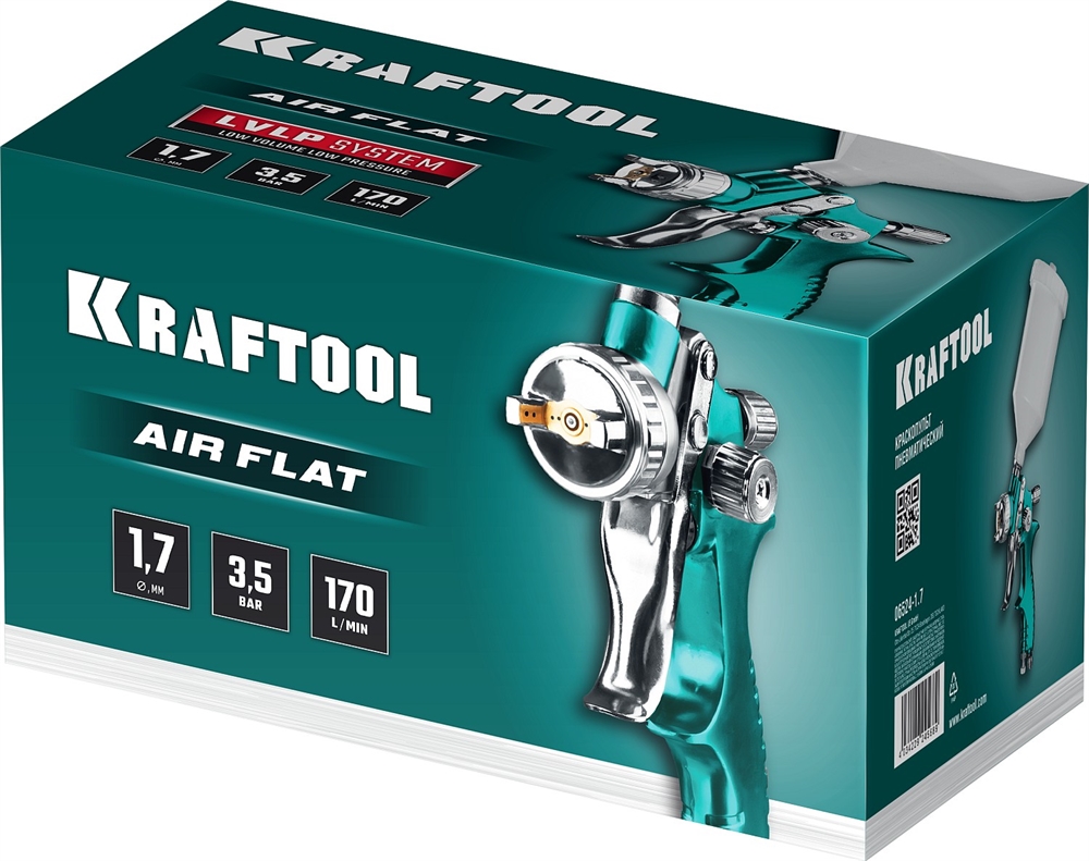 KRAFTOOL  AirFlat, LVLP, 1.7 мм, пневматический краскопульт с верхним бачком (06524-1.7) 06524-1.7