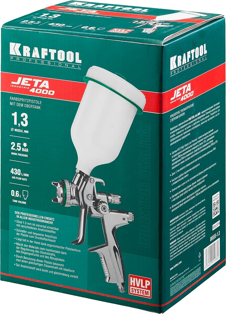 KRAFTOOL  JETA 4000, HVLP, 1.3 мм, пневматический краскопульт с верхним бачком (06555-1.3) 06555-1.3