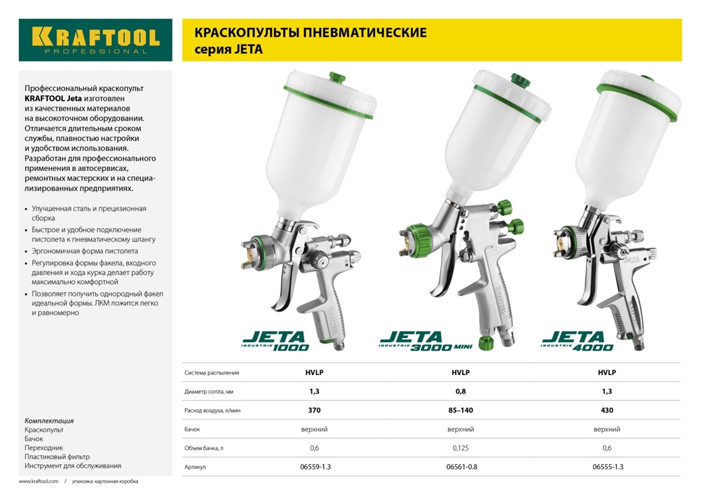 KRAFTOOL  JETA 4000, HVLP, 1.3 мм, пневматический краскопульт с верхним бачком (06555-1.3) 06555-1.3