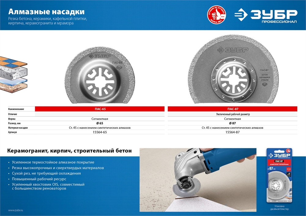 ЗУБР  ПАС-65 UniLock, 65 мм, OIS-хвост., насадка сегментная, Профессионал (15564-65) 15564-65