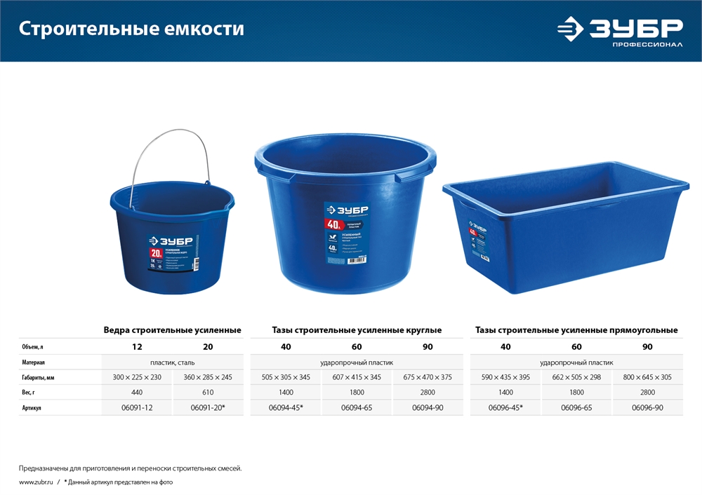 ЗУБР  40 л, первичный высокопрочный пластик, усиленный прямоугольный строительный таз (06096-45) 06096-45