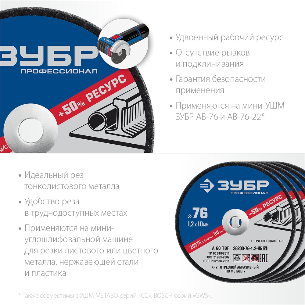 ЗУБР   76 x 1.2 x 10 мм, 5 шт, для мини УШМ, ″AB-76″, набор кругов отрезныx  по металлу, Профессионал (36200-76-1.2-H5) 36200-76-1.2-H5_z03