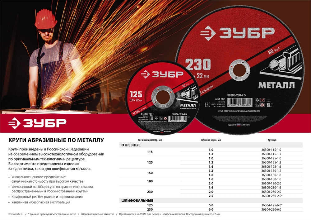 ЗУБР  230 x 6 х 22.2 мм, для УШМ, шлифовальный круг по металлу (36304-230-6.0) 36304-230-6.0