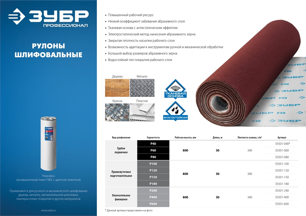 ЗУБР  Р180, 800 мм, 30 м, водостойкий, шлифовальный рулон на тканевой основе, Профессионал (35501-180) 35501-180
