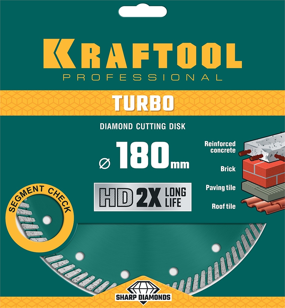 KRAFTOOL  Turbo, 180 мм, (22.2 мм,  10 х 2.6 мм), сегментированный алмазный диск (36682-180) 36682-180