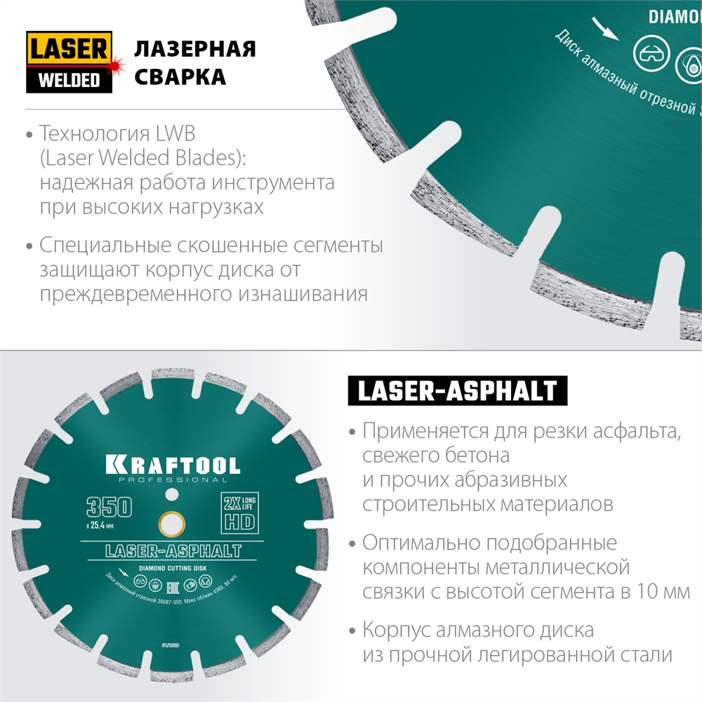 KRAFTOOL  Laser-Asphalt, 350 мм, (25.4/20 мм, 10 х 3.2 мм), сегментный алмазный диск (36687-350) 36687-350