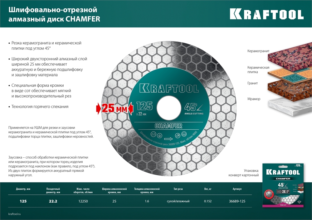 KRAFTOOL  Chamfer, 125 мм, (22.2 мм, 25 х 1.6 мм) шлифовально-отрезной алмазный диск (36689-125) 36689-125