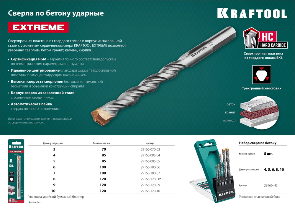 KRAFTOOL  Extreme, 3 х 70 мм, цилиндр. хвостовик, сверло по бетону (29166-070-03) 29166-070-03