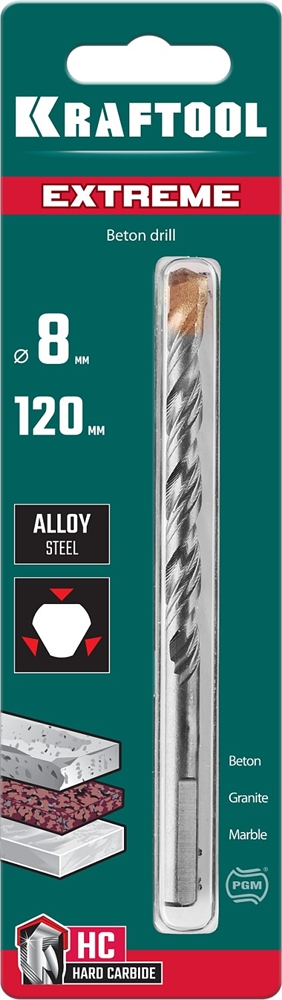 KRAFTOOL  Extreme, 8 х 120 мм, трехгранный хвостовик, сверло по бетону (29166-120-08) 29166-120-08