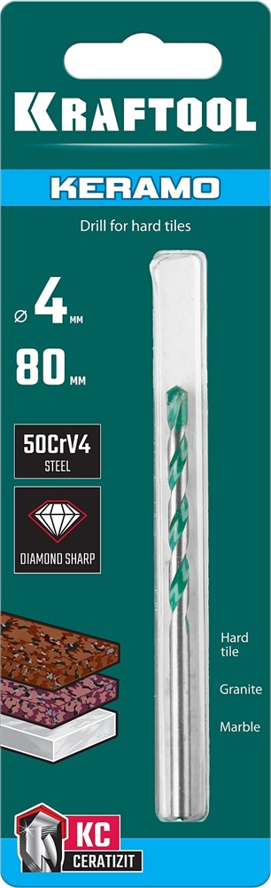 KRAFTOOL  Keramo, 4 х 80 мм, тв.сплав КС, сверло по керамограниту (29175-080-4) 29175-080-4