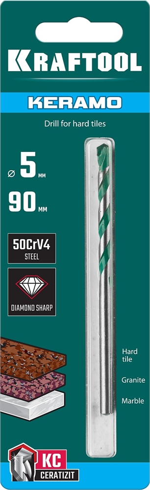 KRAFTOOL  Keramo, 5 х 90 мм, тв.сплав КС, сверло по керамограниту (29175-080-4) 29175-090-5