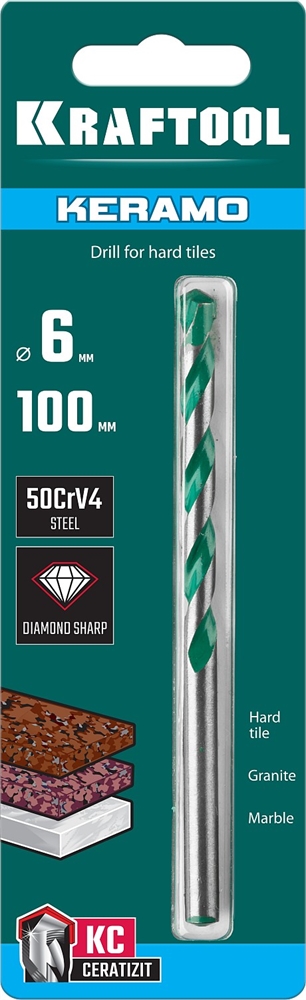 KRAFTOOL  Keramo, 6 х 100 мм, тв.сплав КС, сверло по керамограниту (29175-080-4) 29175-100-6
