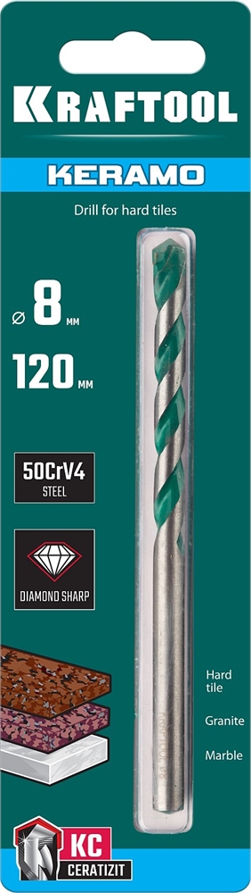 KRAFTOOL  Keramo, 8 х 120 мм, тв.сплав КС, сверло по керамограниту (29175-080-4) 29175-120-8