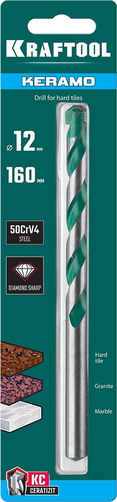KRAFTOOL  Keramo, 12 х 160 мм, тв.сплав КС, сверло по керамограниту (29175-080-4) 29175-160-12