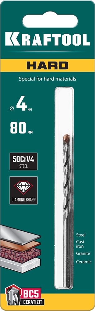 KRAFTOOL  Hard, 4 х 80 мм, тв.сплав ВС5, сверло специальное по твёрдым материалам (29177-080-4) 29177-080-4