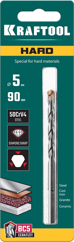 KRAFTOOL  Hard, 5 х 90 мм, тв.сплав ВС5, сверло специальное по твёрдым материалам (29177-090-5) 29177-090-5